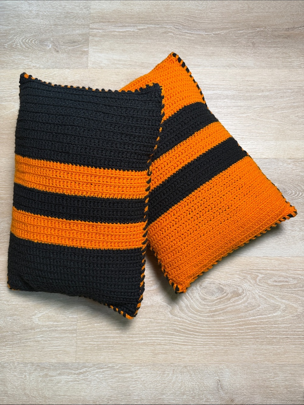 Vintage Y2K Handmade Halloween Orange & Black Harley Striped Crochet Pillow Set